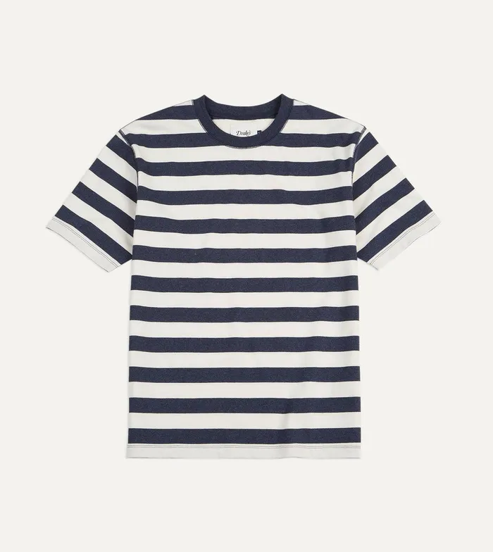 Drake039s Navy And White Block Stripe Cotton Crew Neck Hiking TShirt 8211 Clothing Drake039s Navy And White Block Stripe Cotton Crew Neck Hiking TShirt 8211 Clothing