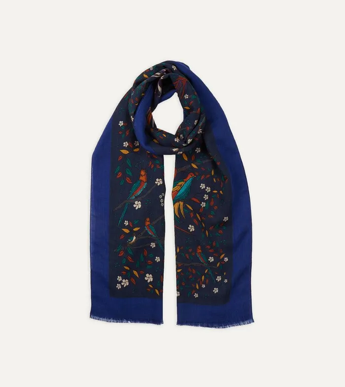Drake039s Navy Birds Of Paradise Print Wool Scarf 8211 Accessories