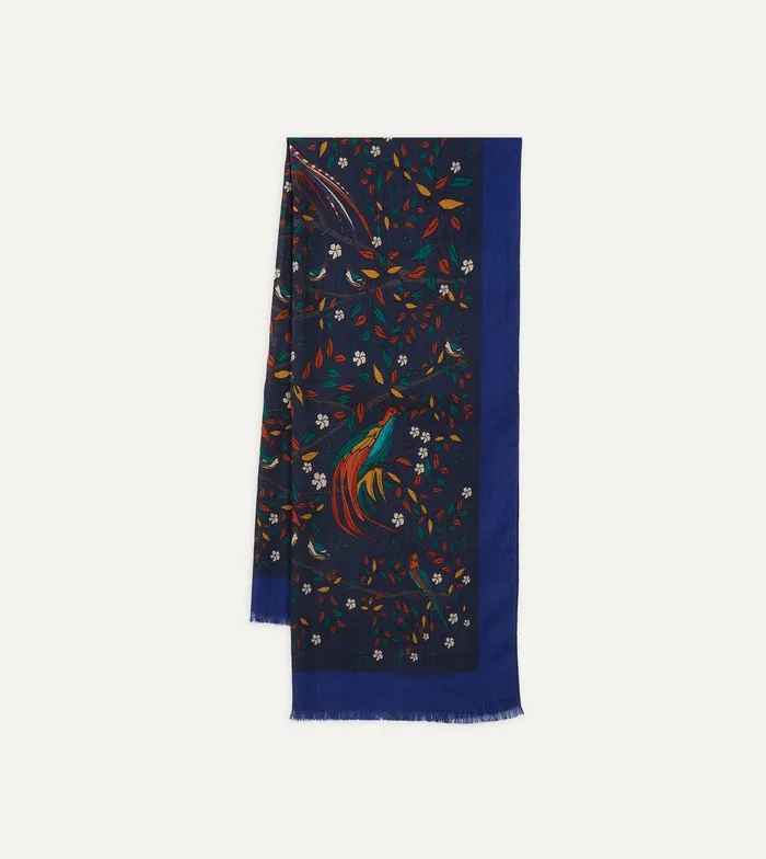 Drake039s Navy Birds Of Paradise Print Wool Scarf 8211 Accessories