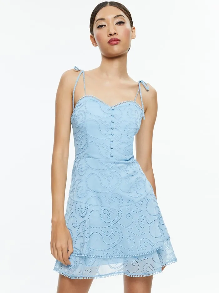 Dresses Women Alice Olivia Rosette Sweetheart Neck Ruffle Mini Dress Mineral Blue