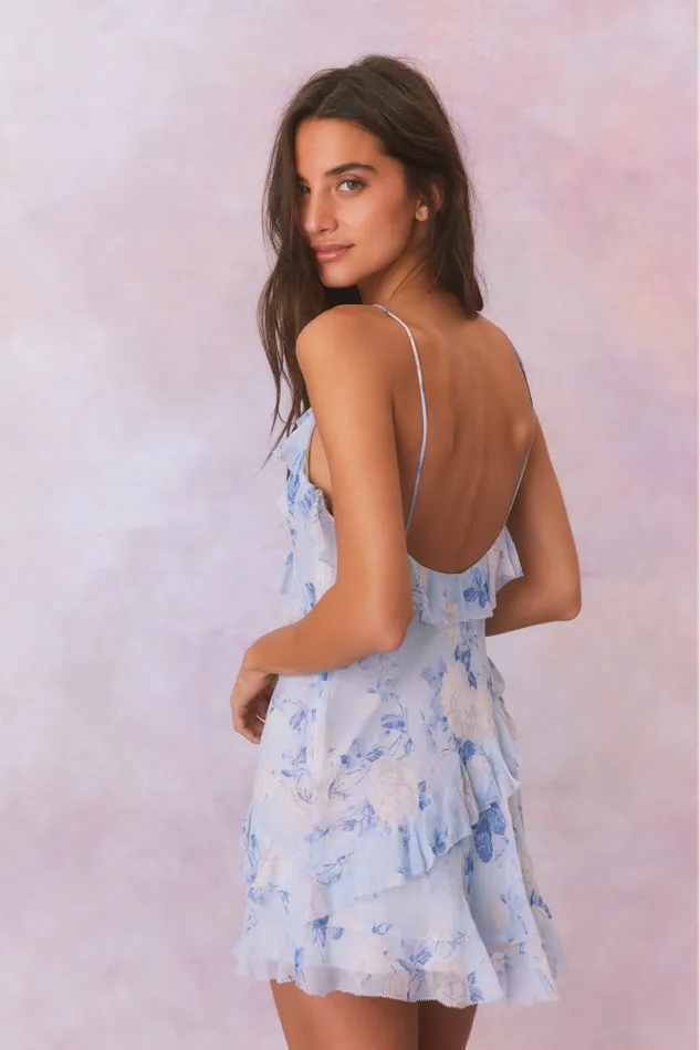 Dresses Women LoveShackFancy Lomina Fragrance Print Silk Mini Dress Whisper Blue