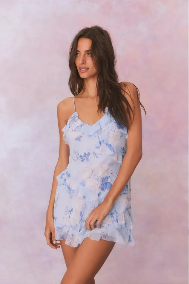 Dresses Women LoveShackFancy Lomina Fragrance Print Silk Mini Dress Whisper Blue