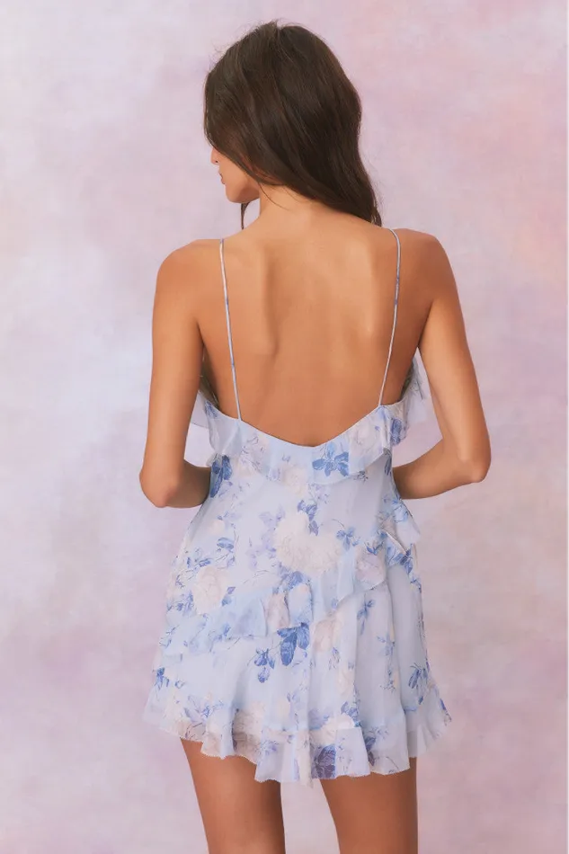 Dresses Women LoveShackFancy Lomina Fragrance Print Silk Mini Dress Whisper Blue
