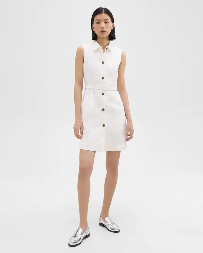 Dresses Women Theory Belted Military Dress In Stretch Linen White