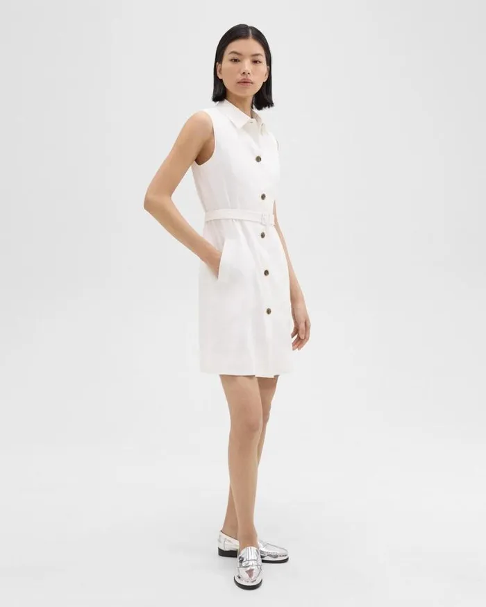 Dresses Women Theory Belted Military Dress In Stretch Linen White Dresses Women Theory Belted Military Dress In Stretch Linen White