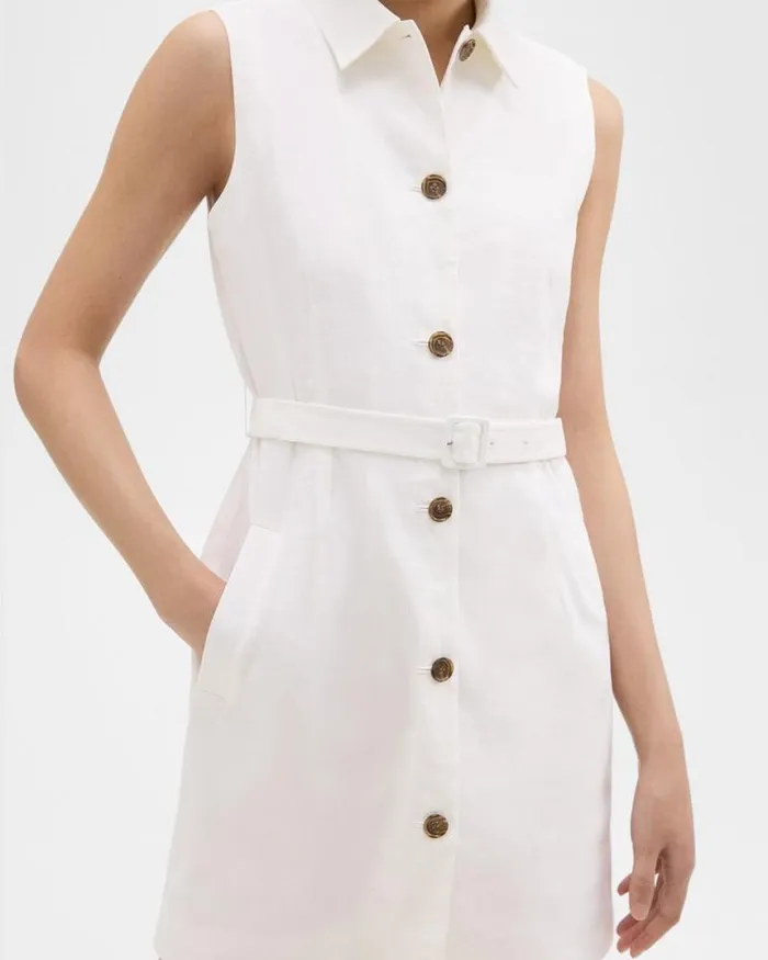 Dresses Women Theory Belted Military Dress In Stretch Linen White Dresses Women Theory Belted Military Dress In Stretch Linen White