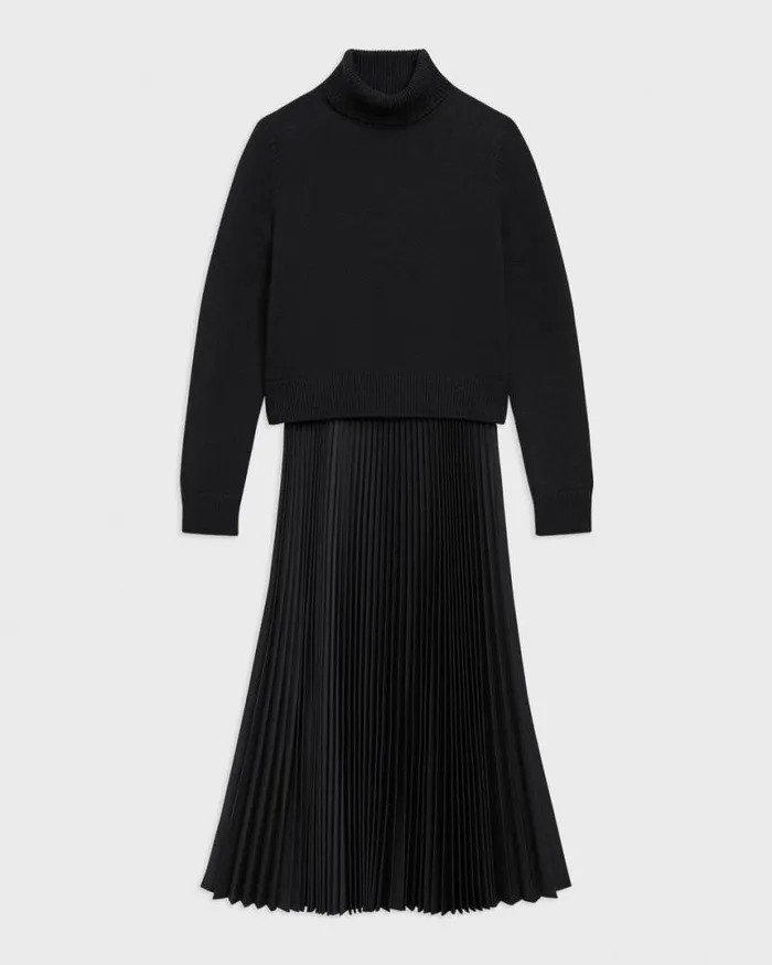 Dresses Women Theory Pleated Combo Dress In Stretch WoolBlend Black Dresses Women Theory Pleated Combo Dress In Stretch WoolBlend Black