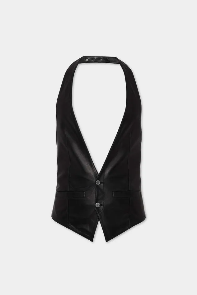 Dsquared2 Coats and Outerwear Belted Leather Waistcoat Black 8211 Men