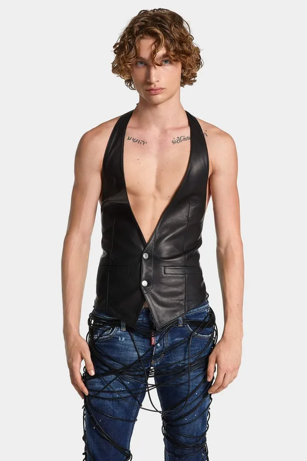 Dsquared2 Coats and Outerwear Belted Leather Waistcoat Black 8211 Men