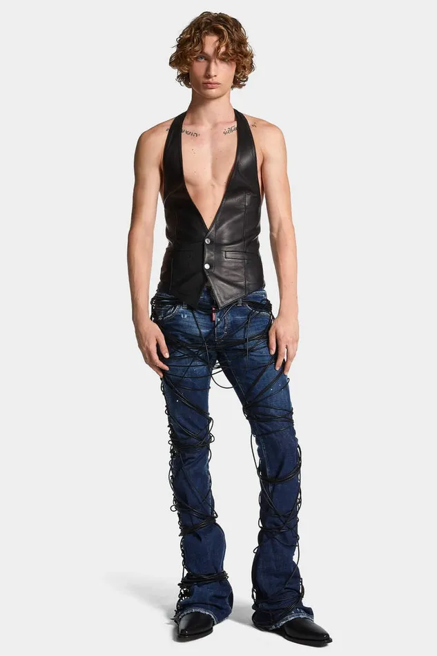 Dsquared2 Coats and Outerwear Belted Leather Waistcoat Black 8211 Men
