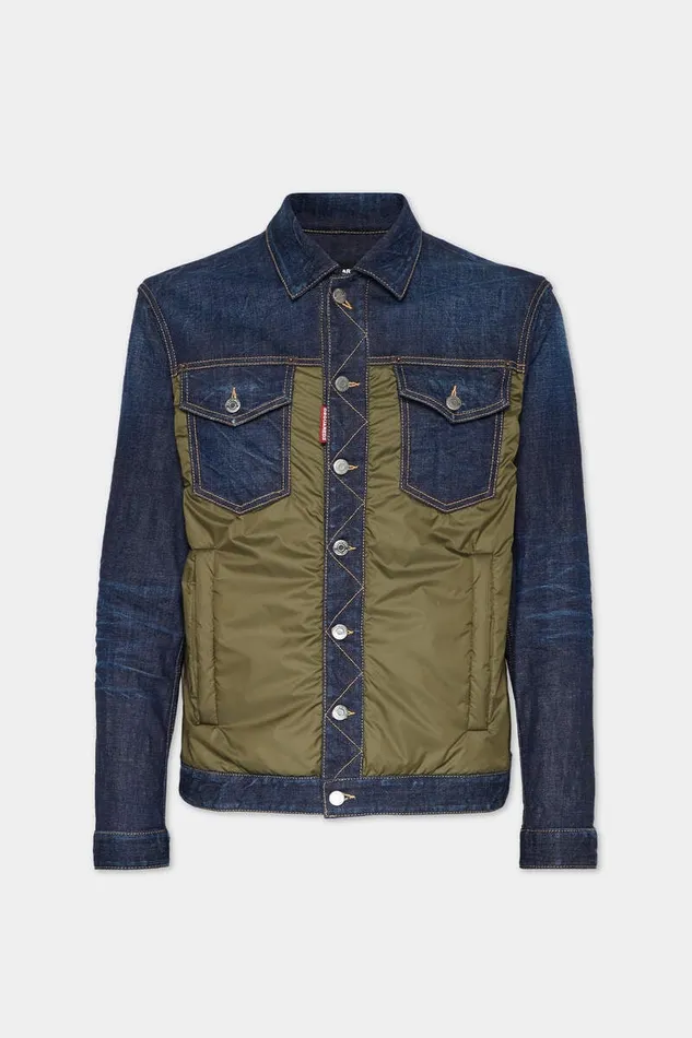 Dsquared2 Coats and Outerwear Dark Urban Wash Denim Puffer Jean Jacket Navy Blue Military Green 8211 Men