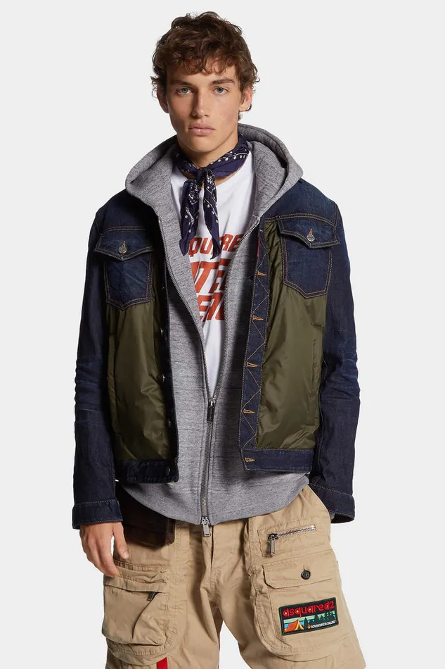 Dsquared2 Coats and Outerwear Dark Urban Wash Denim Puffer Jean Jacket Navy Blue Military Green 8211 Men