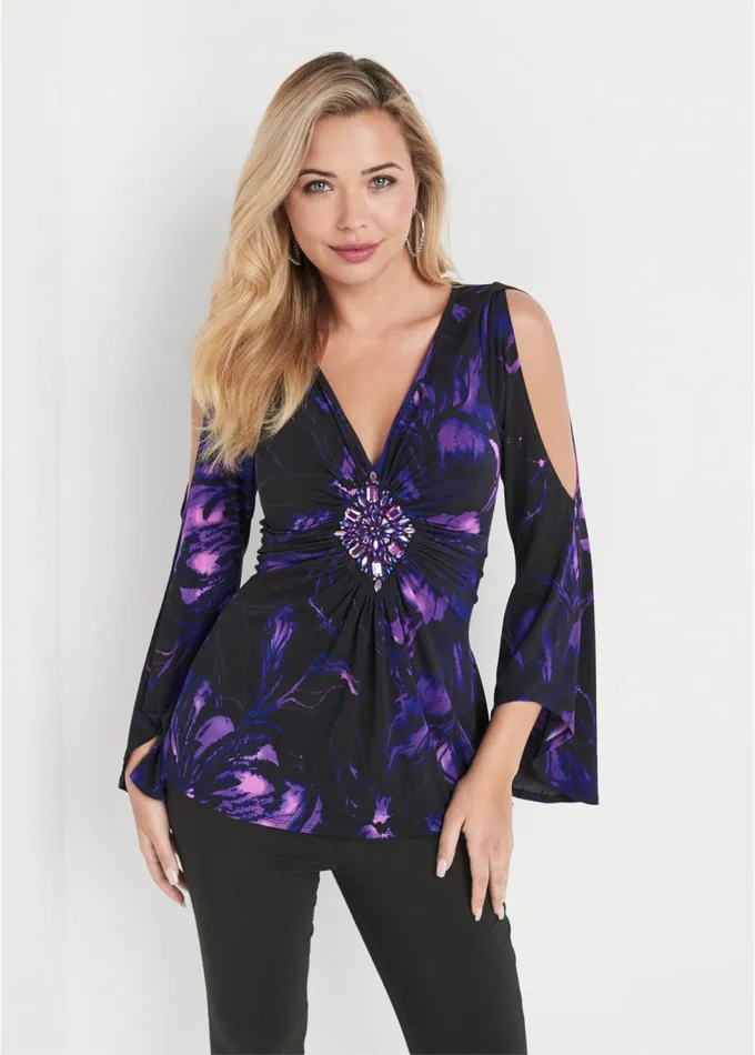 EMBELLISHED FLORAL TOP Black Multi Women VENUS Night Out Tops