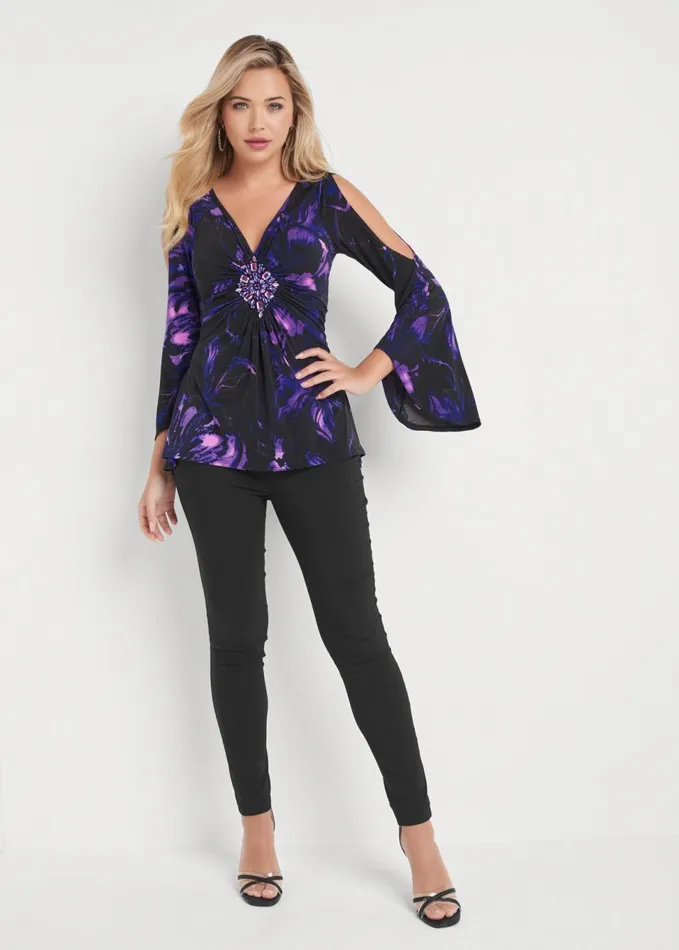 EMBELLISHED FLORAL TOP Black Multi Women VENUS Night Out Tops