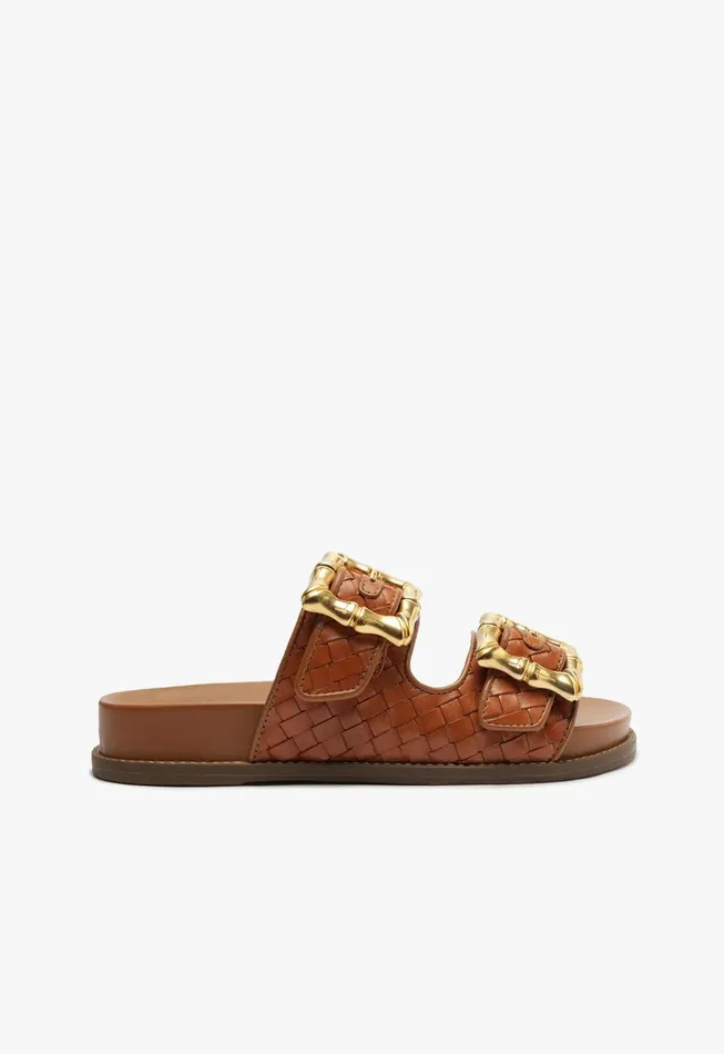 Enola Sporty Woven Leather Sandal Honey Peach Women Schutz Shoes Flats