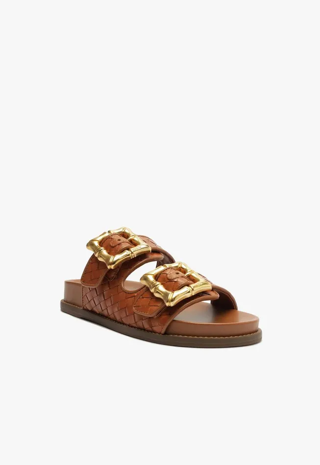 Enola Sporty Woven Leather Sandal Honey Peach Women Schutz Shoes Flats