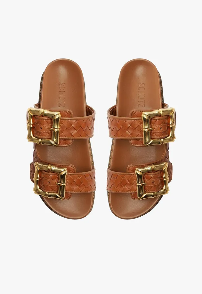 Enola Sporty Woven Leather Sandal Honey Peach Women Schutz Shoes Flats