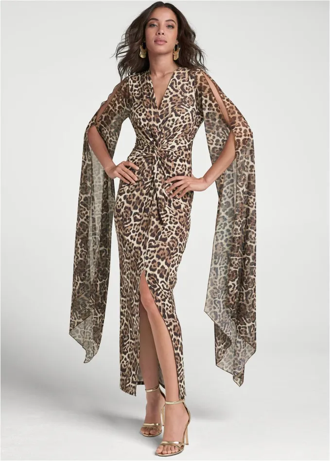 EXAGGERATED SLEEVE DRESS Brown Multi Women VENUS Maxi Dresses