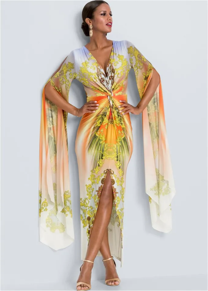 EXAGGERATED SLEEVE DRESS Yellow Multi Women VENUS Maxi Dresses