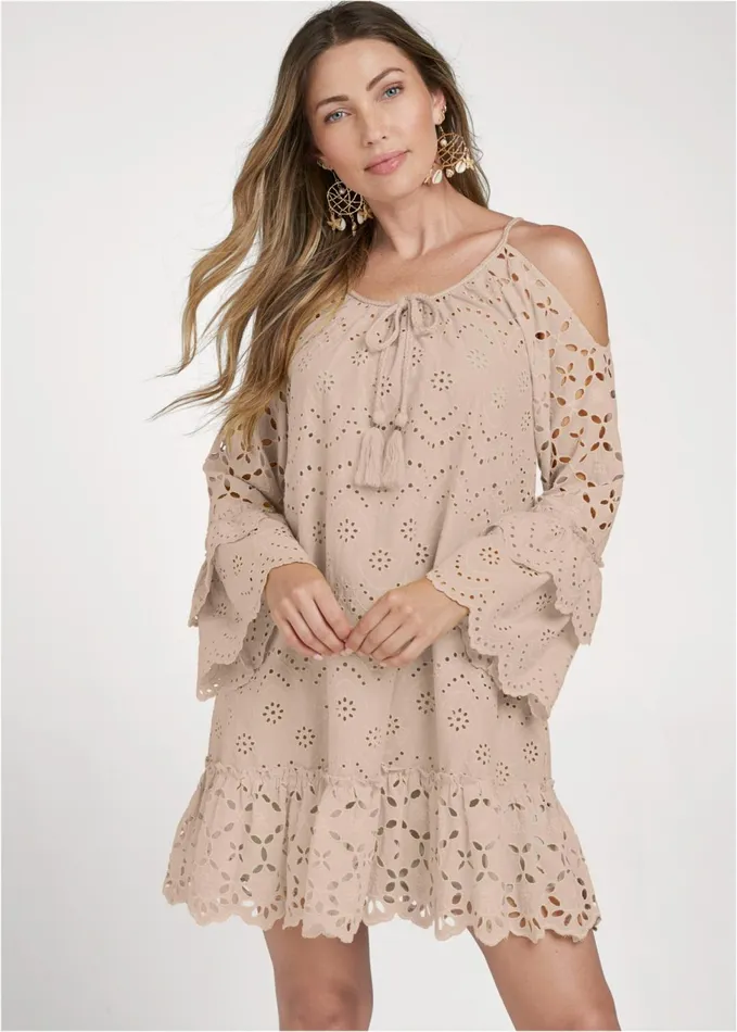 Eyelet ColdShoulder Dress Taupe Women VENUS Sundresses