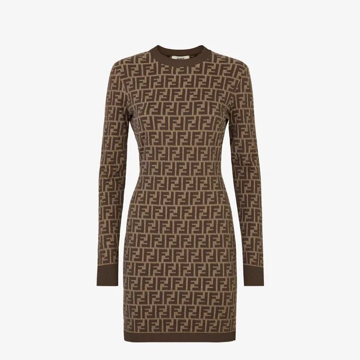 Fendi Knitwear Dress Brown FF Cotton Short Dress 8211 Women