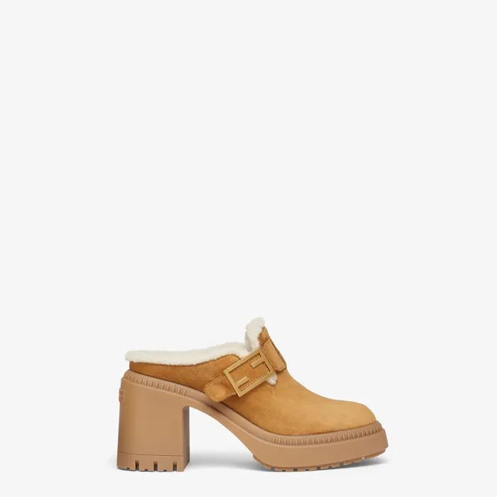 Fendi Mocassins and Loafers Fendi Feel Brown Suede And Sheepskin Mediumheeled Sabots 8211 Women