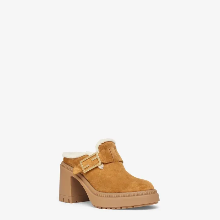 Fendi Mocassins and Loafers Fendi Feel Brown Suede And Sheepskin Mediumheeled Sabots 8211 Women