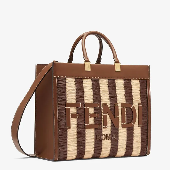 Fendi Tote Bags Fendi Sunshine Medium Viscose Fiber Pequin And Brown Leather Shopper 8211 Women