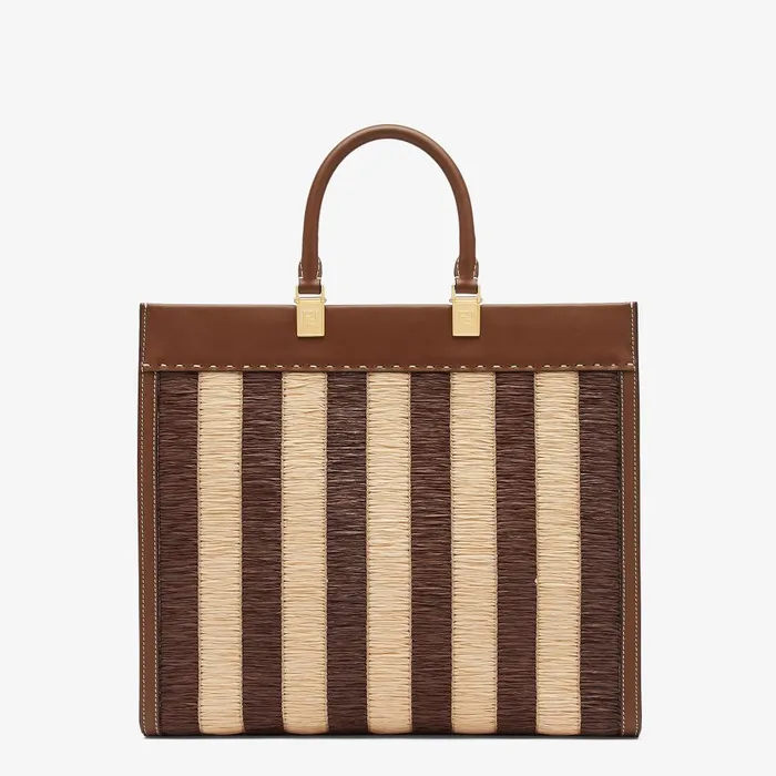 Fendi Tote Bags Fendi Sunshine Medium Viscose Fiber Pequin And Brown Leather Shopper 8211 Women