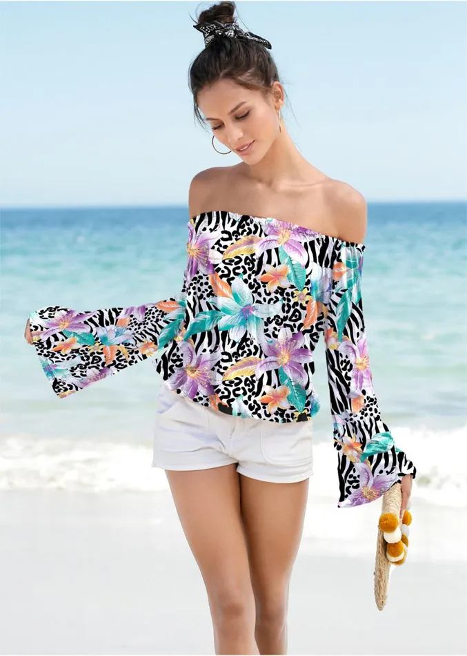 FLARE SLEEVE PRINTED TOP White Multi Women VENUS Casual Tops