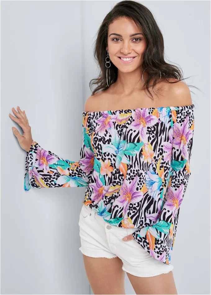FLARE SLEEVE PRINTED TOP White Multi Women VENUS Casual Tops