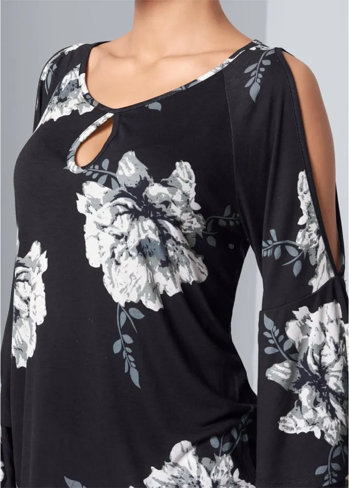 FLORAL TIERED SLEEVE TOP Black and White Women VENUS Casual Tops