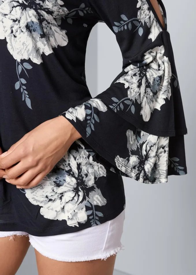FLORAL TIERED SLEEVE TOP Black and White Women VENUS Casual Tops