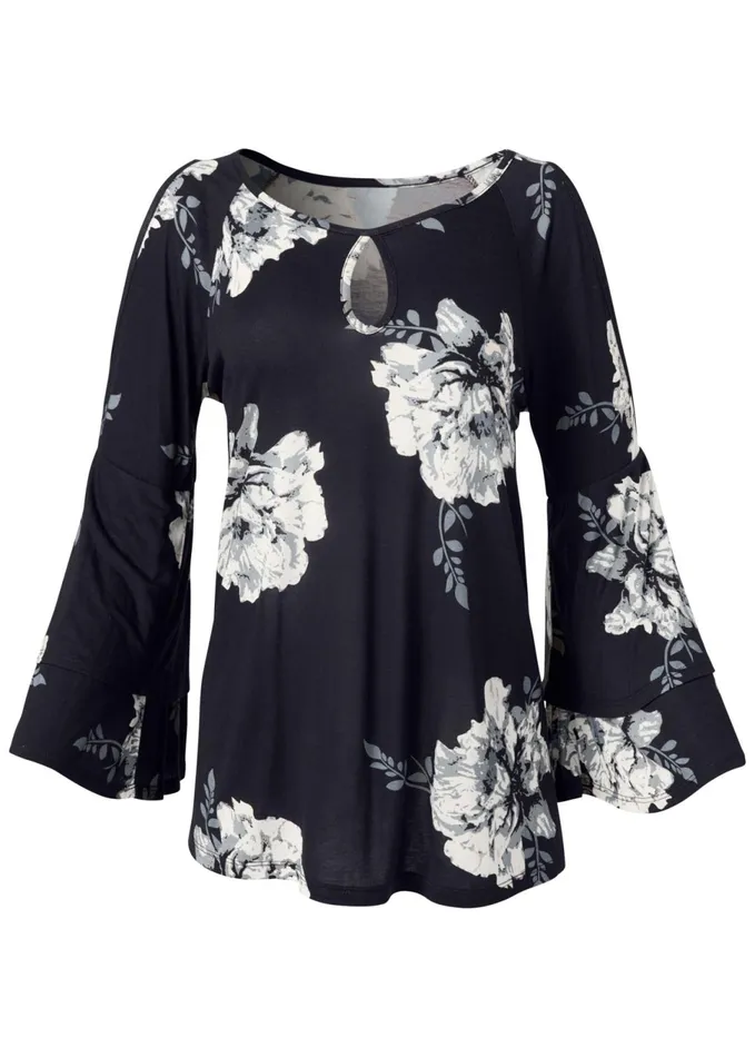 FLORAL TIERED SLEEVE TOP Black and White Women VENUS Casual Tops