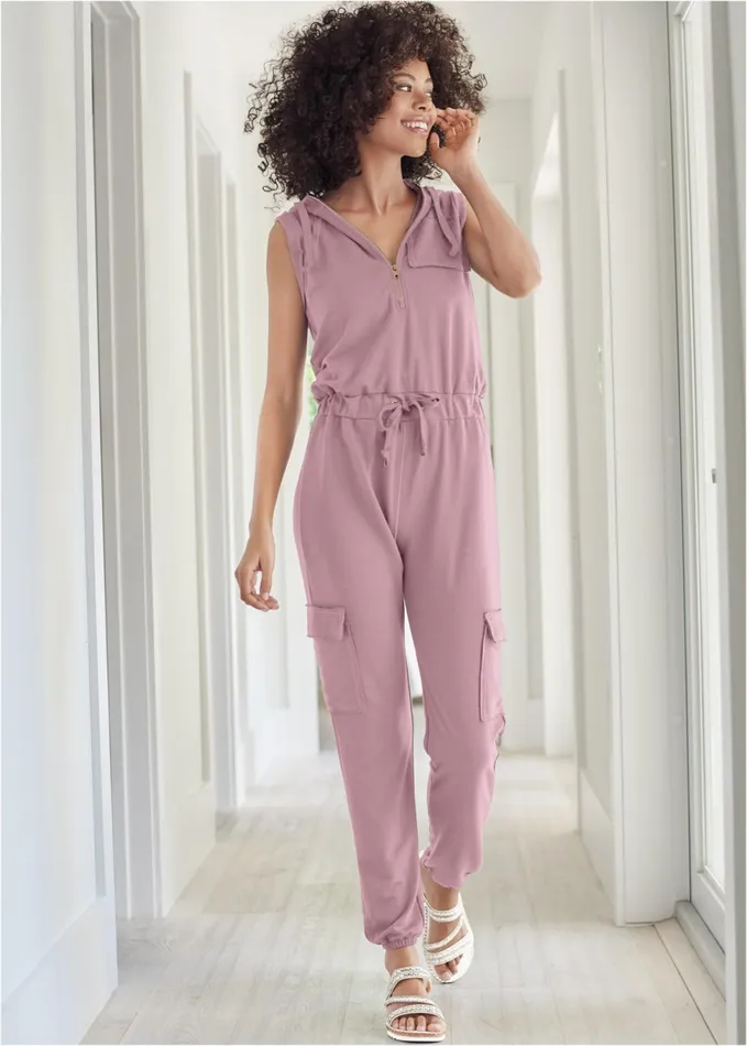 FRENCH TERRY ZIPPER UTILITY JUMPSUIT Mauve Women VENUS Jumpsuits