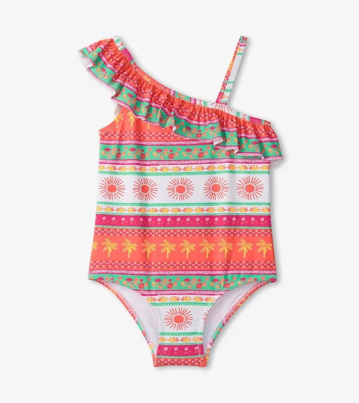 Girls Ornate Tropicals Ruffle Trim Swimsuit Hatley