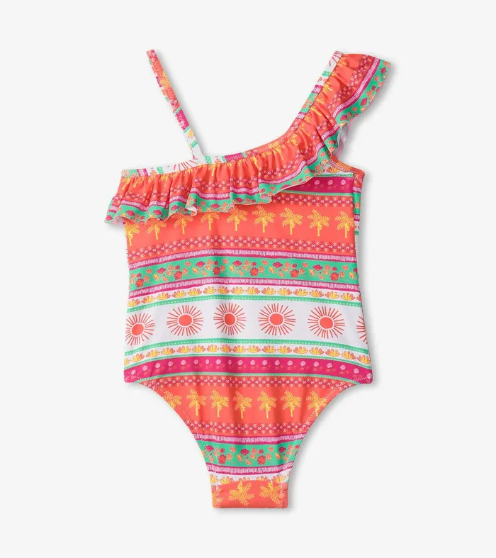 Girls Ornate Tropicals Ruffle Trim Swimsuit Hatley
