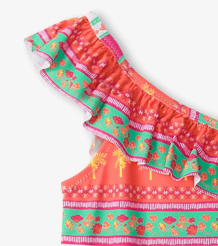 Girls Ornate Tropicals Ruffle Trim Swimsuit Hatley
