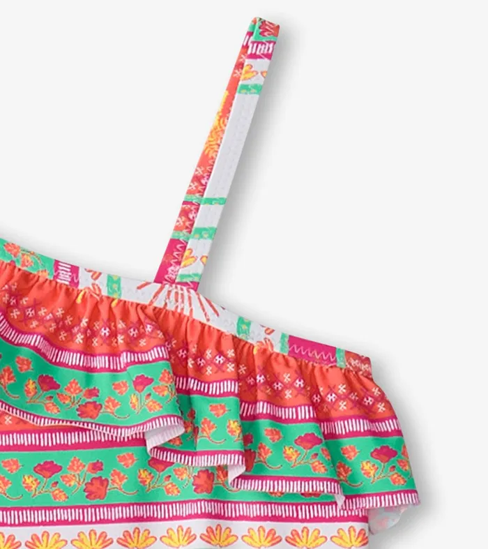 Girls Ornate Tropicals Ruffle Trim Swimsuit Hatley