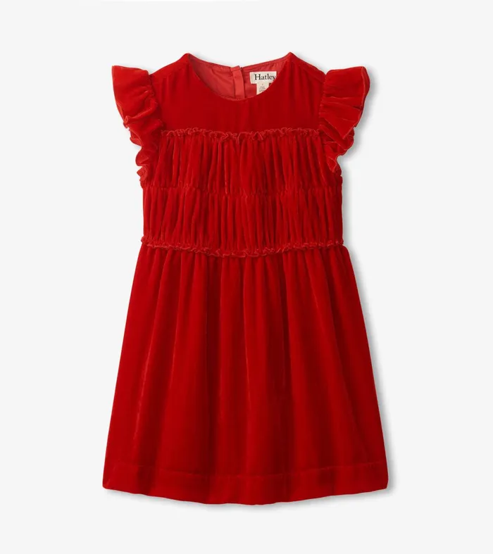 Girls Red Velvet Smocked Panel Dress Hatley
