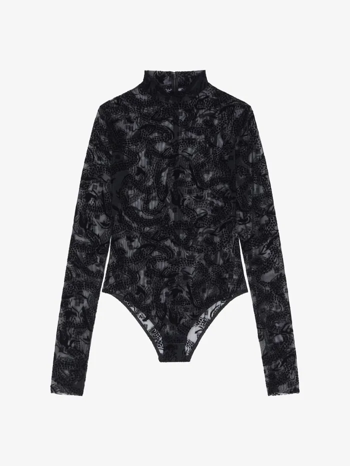 Givenchy Bodysuit In 4G Dragon Tulle Black Women Tops and Shirts