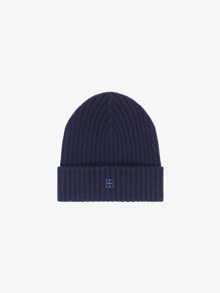 Givenchy Ribbed Beanie In Wool And Cashmere With 4G Detail Deep Blue Men Beanies and Caps