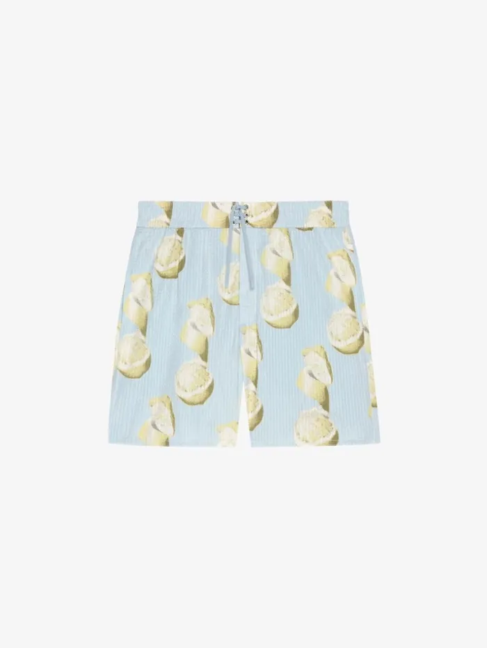Givenchy Swim Shorts In Cotton Seersucker With Lemon Print Blueyellow Men Swimwear