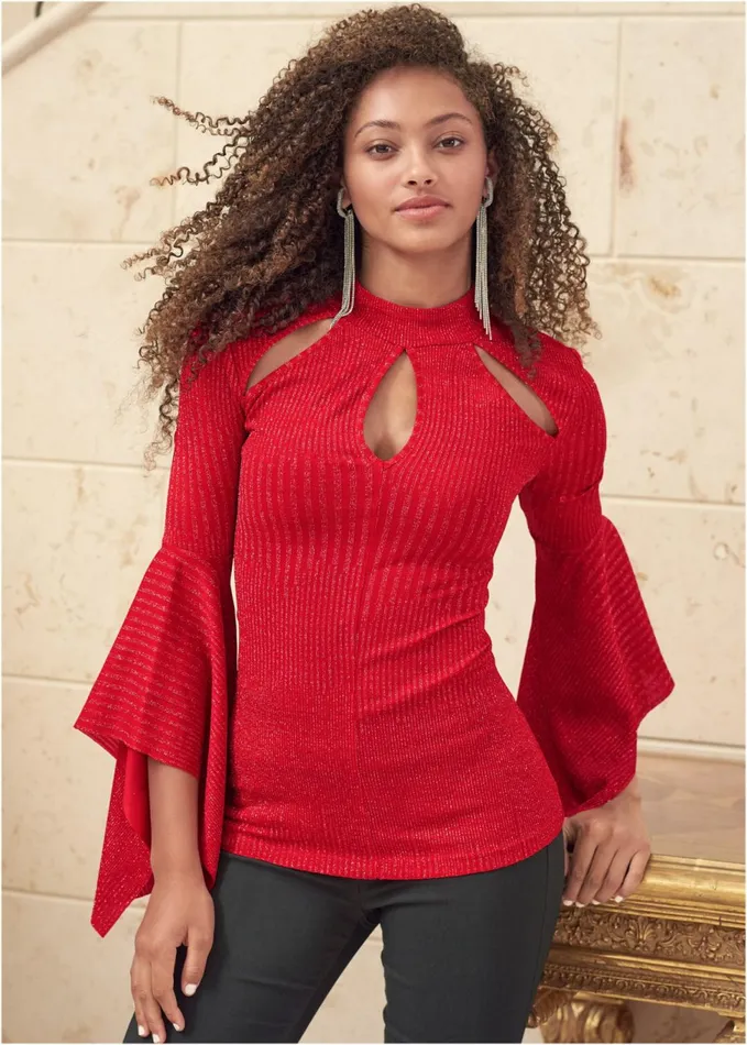 Glitter Cutout Top Red Women VENUS Night Out Tops