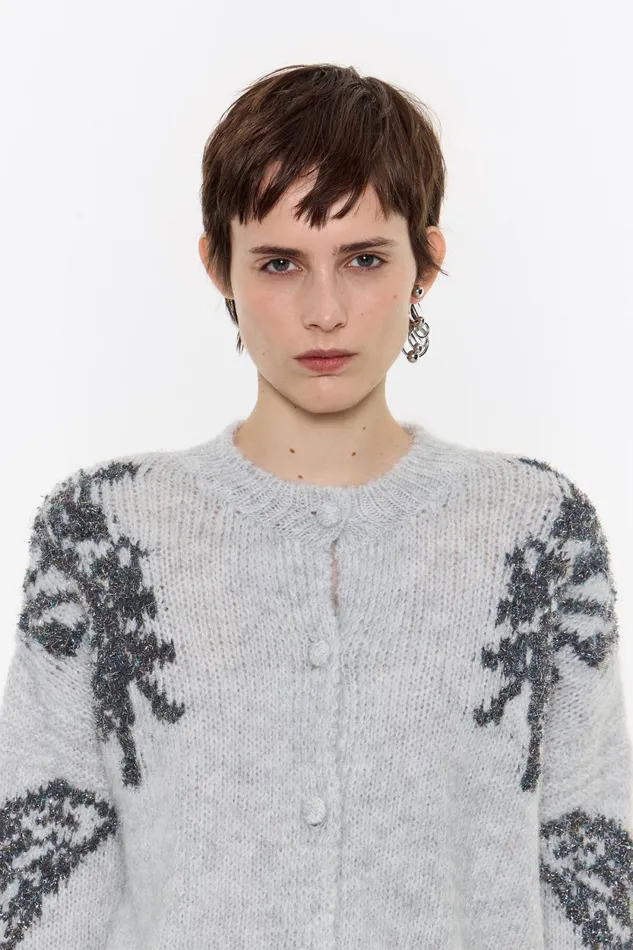 Gray Lurex Shoulders Cardigan Grey Women Bimba Y Lola Knitwear Gray Lurex Shoulders Cardigan Grey Women Bimba Y Lola Knitwear