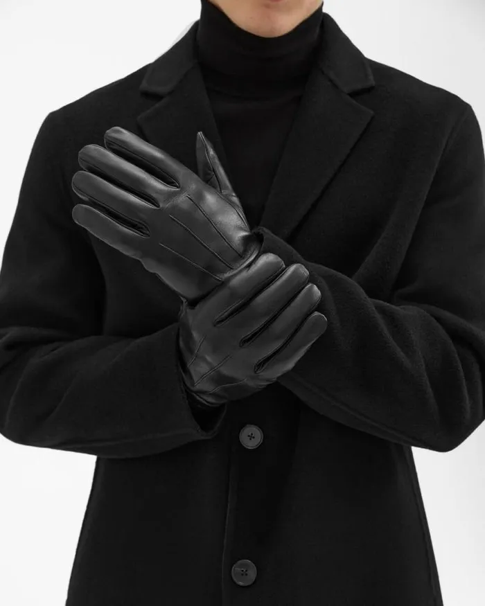 Hats Scarves Men Theory Ribbed Cuff Gloves In Leather Black