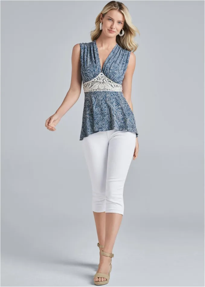 HighLow Lace Detail Top Blue Multi Women VENUS Casual Tops HighLow Lace Detail Top Blue Multi Women VENUS Casual Tops