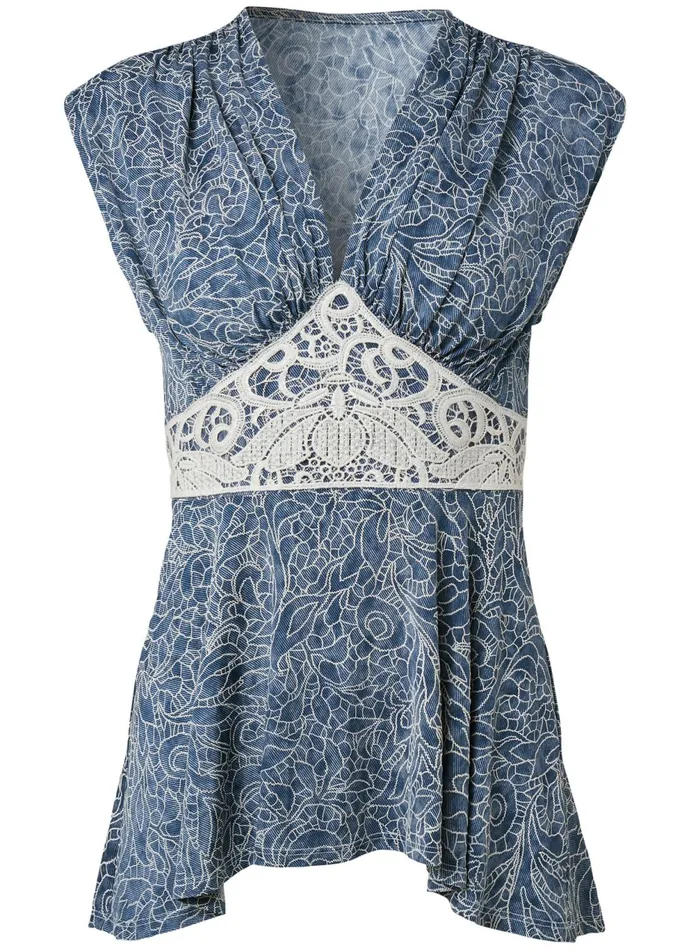 HighLow Lace Detail Top Blue Multi Women VENUS Casual Tops HighLow Lace Detail Top Blue Multi Women VENUS Casual Tops