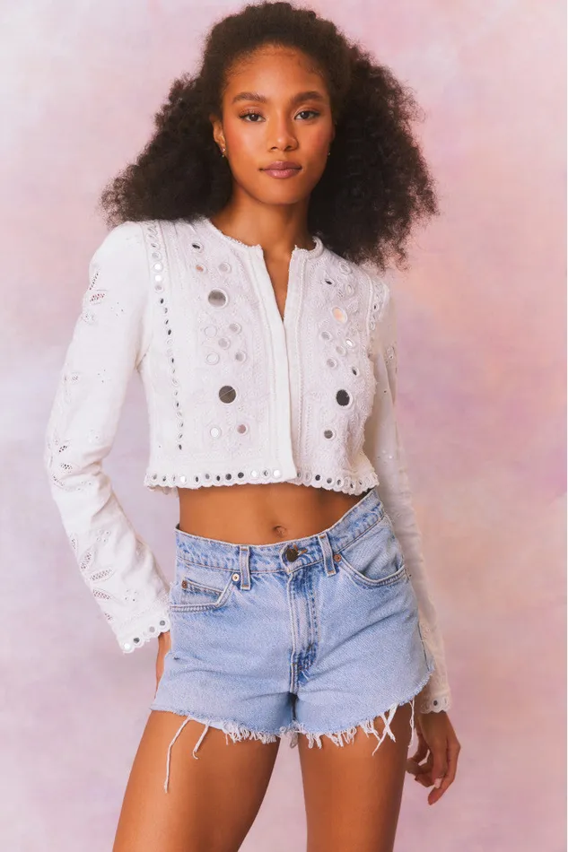 Jackets and Coats Women LoveShackFancy Veranda Artisanal Cropped Jacket True White Jackets and Coats Women LoveShackFancy Veranda Artisanal Cropped Jacket True White