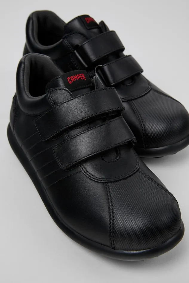 Kids Pelotas Black Leather Shoes For Kids Camper Hook And Loop